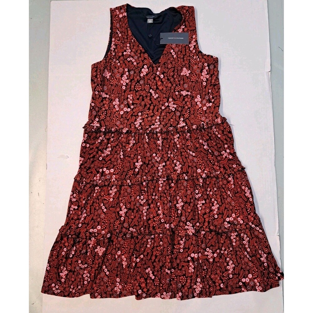 Tommy Hilfiger Sleeveless Ruffle Midi Dress V Neck Red Floral Women's Size 8